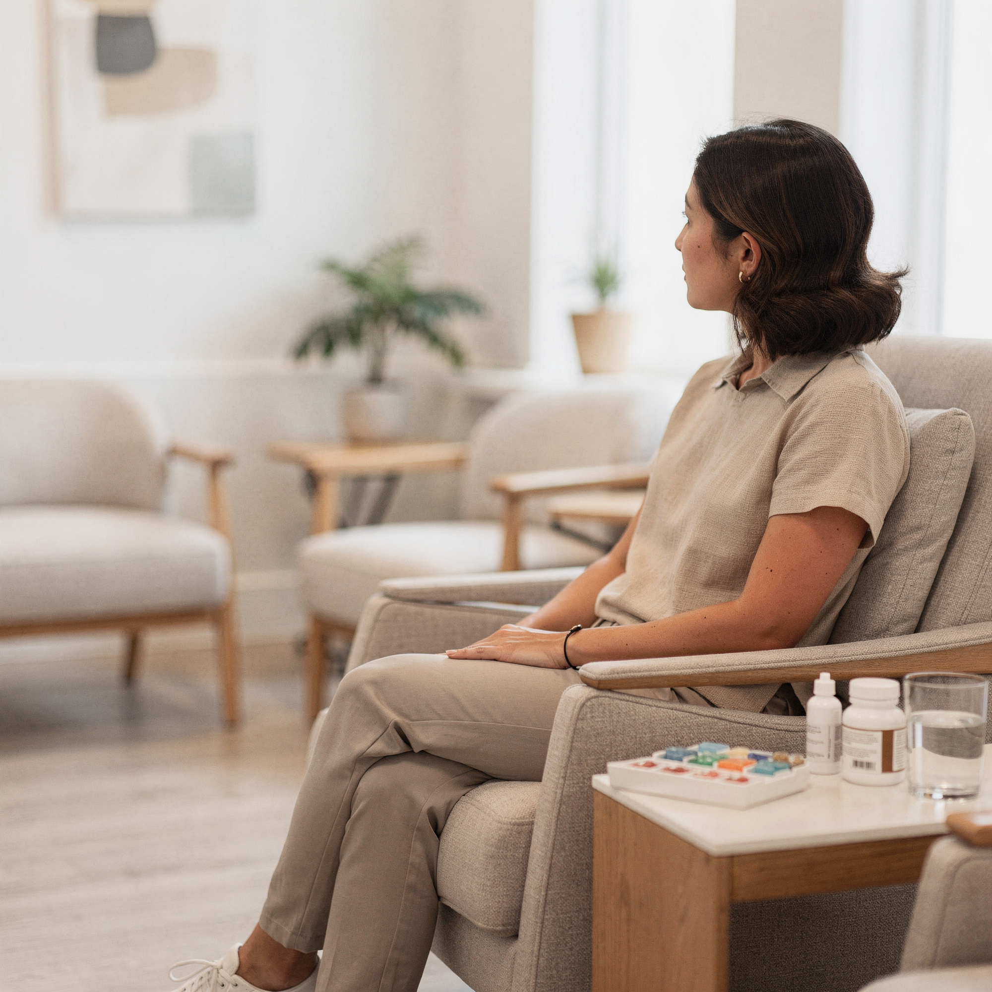 Woman sitting in a waiting room with medication bottles and pills on a side table